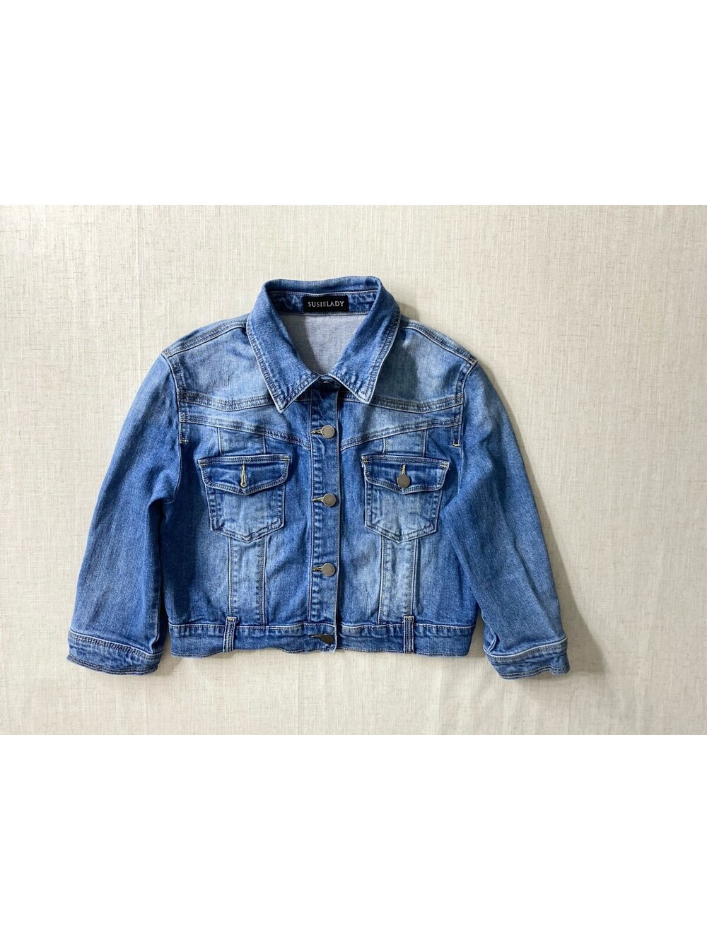 SUSIELADY Women's Cropped Denim Jacket Blue Jean Trucker Coat Sz S Small 6 Y2K